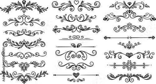 Text dividers doodle set. Wedding decorative elements. Divider ornament, borders, vintage line separators. Hand drawn vector illustration isolated on white background