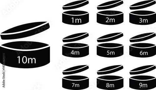 Set of Round tub with cap opened in black flat styles. Periods After Opening 1 to 10 months, shelf life vectors illustration. Pao expiration date packaging symbols isolated on transparent background.