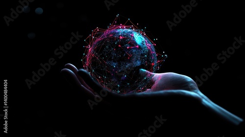 A hand is shown in a dark, abstract background gently holding an illuminated globe.