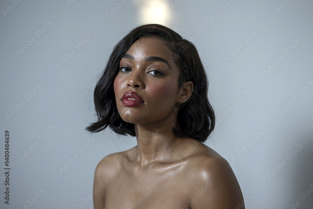 Obraz premium Close-up portrait of beautiful African American woman with glowing skin applying skincare serum or clay mask – black beauty, melanin skin, facial care, wellness, isolated on white background