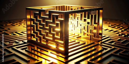 Golden Reflective Maze Silhouette: Opulent Geometric Pattern Stock Photo