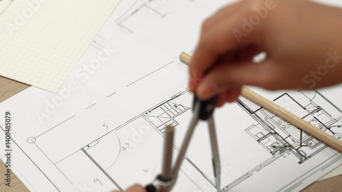 Video of clever architect or safety engineer using divider tool and hand writing design a detail on blueprint for construction accuracy at architectural office. Focus on hand. Closeup. Delineation.