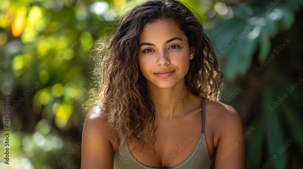 Latina woman practicing yoga with focus and calm energy Latina woman practicing yoga with focus and calm energy