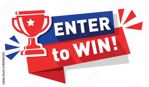 Enter to win sign with award cup on red and blue ribbon. Vector icon on transparent background
