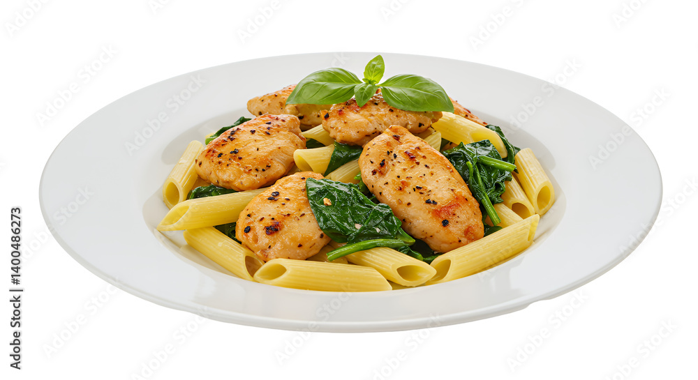Grilled Chicken and Spinach Penne Pasta on White Plate Transparent Background Grilled Chicken and Spinach Penne Pasta on White Plate Transparent Background