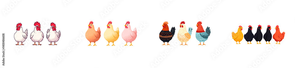 Fototapeta premium Colorful chickens in various styles on a transparent background