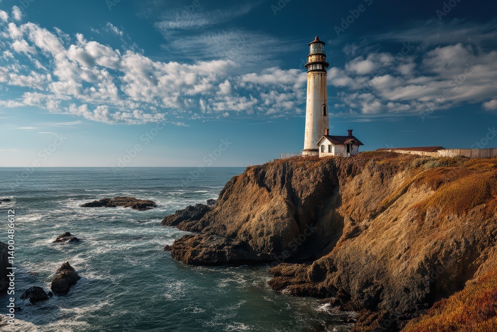 Rustic lighthouse on rocky coast with serene ocean and clear blue sky
Rustic lighthouse on rocky coast with serene ocean and clear blue sky