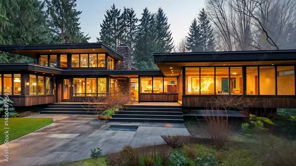 Modern, wood-clad home nestled in a lush forest setting at dusk. Illuminated interior visible through expansive windows Modern, wood-clad home nestled in a lush forest setting at dusk. Illuminated interior visible through expansive windows
