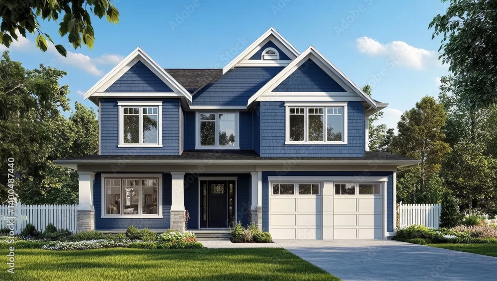 Spacious, classic, two-story home with a welcoming facade. Crisp blue exterior, accented by white trim and a front porch. Ideal for families seeking a comfortable and modern aesthetic Spacious, classic, two-story home with a welcoming facade. Crisp blue exterior, accented by white trim and a front porch. Ideal for families seeking a comfortable and modern aesthetic