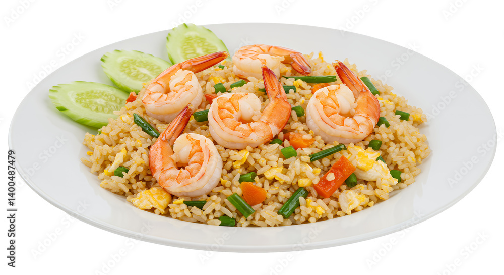 Shrimp Fried Rice with Cucumber Garnish on Transparent Background Shrimp Fried Rice with Cucumber Garnish on Transparent Background
