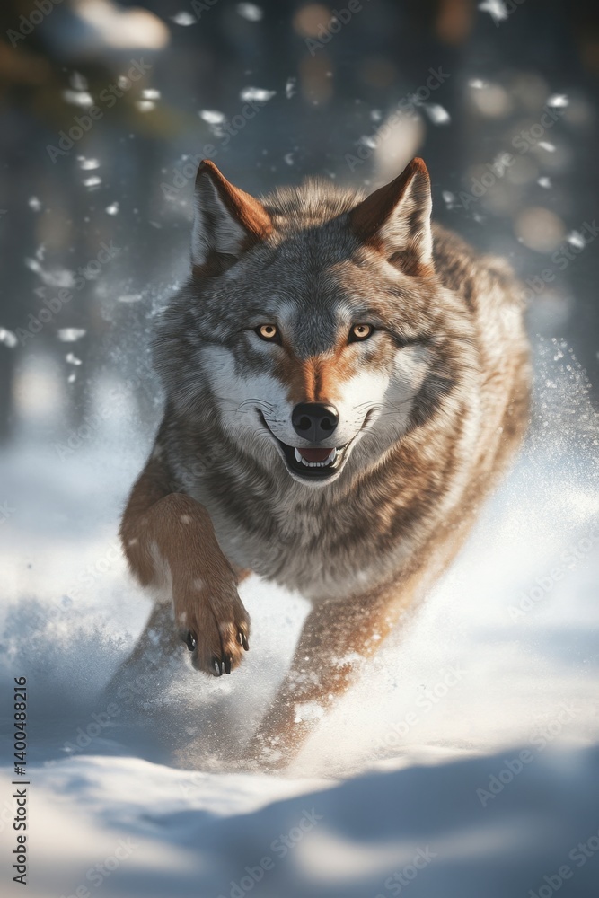 Fototapeta premium Majestic Wolf Running Through Snowy Landscape in Winter Scene