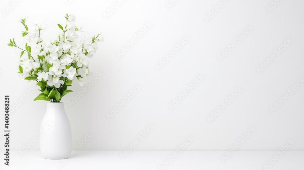 A white ceramic vase with fresh white flowers and green leaves on a minimalist white background, and elegant and simple floral arrangement for home decor. A white ceramic vase with fresh white flowers and green leaves on a minimalist white background, and elegant and simple floral arrangement for home decor.