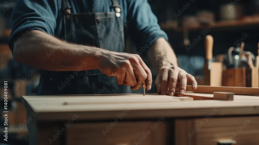 Carpenter assembling a wooden cabinet. Featuring craftsmanship and attention to detail Carpenter assembling a wooden cabinet. Featuring craftsmanship and attention to detail