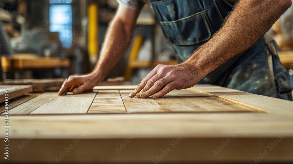 Carpenter assembling a wooden door frame in a workshop. Featuring craftsmanship and attention to detail Carpenter assembling a wooden door frame in a workshop. Featuring craftsmanship and attention to detail