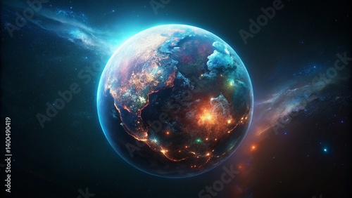 Glowing Earth Hologram in the Vastness of Space - Surreal Sci-Fi Stock Photo