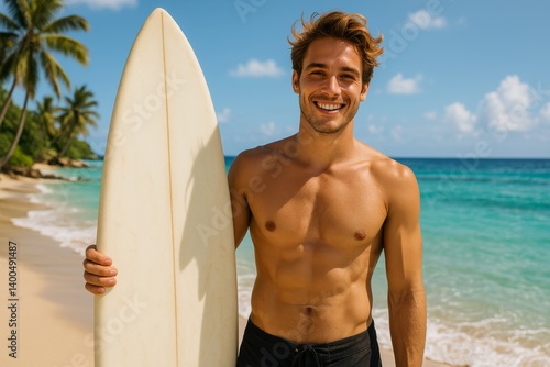 Surfer Smiles on Tropical Beach With Clear Water and Palm Trees in Beautiful ...