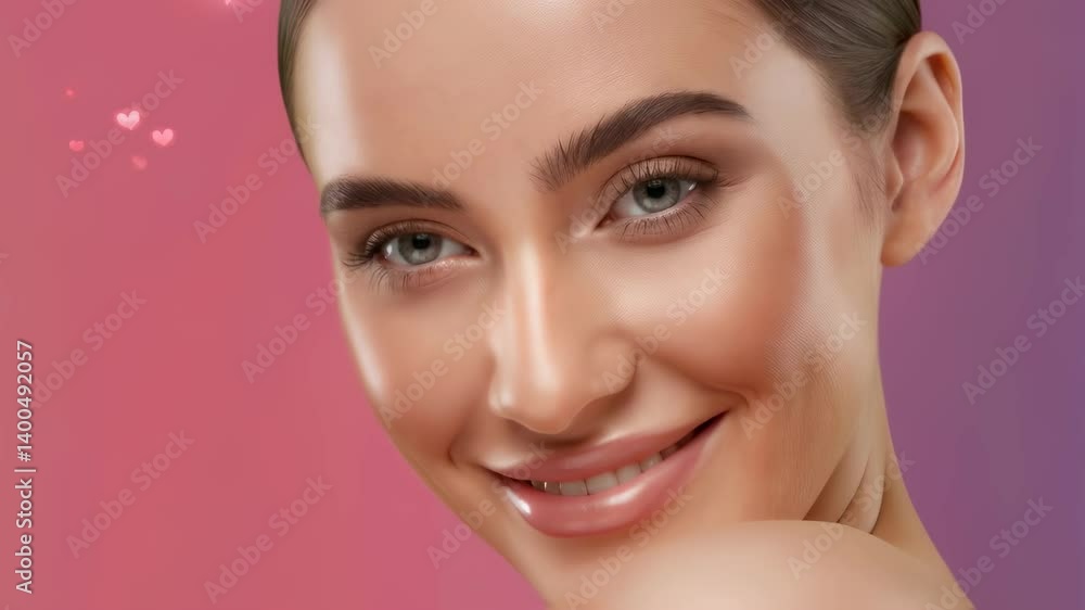 Face of Beautiful Woman with Hearts Floating Around Her in Pink and Purple Gradient Background motion picture. Skincare, Beauty Treatment Concept Footage Face of Beautiful Woman with Hearts Floating Around Her in Pink and Purple Gradient Background motion picture. Skincare, Beauty Treatment Concept Footage