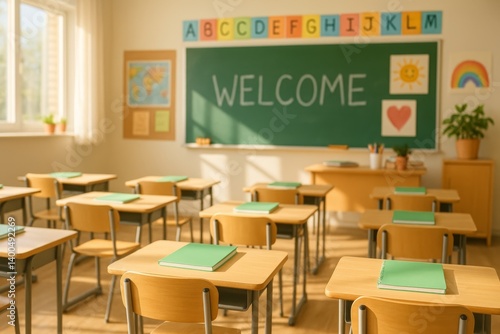 Bright Classroom With Welcome Sign and Colorful Decor Ready for Students