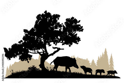 Forest landscape with animal silhouettes. Vector illustration.