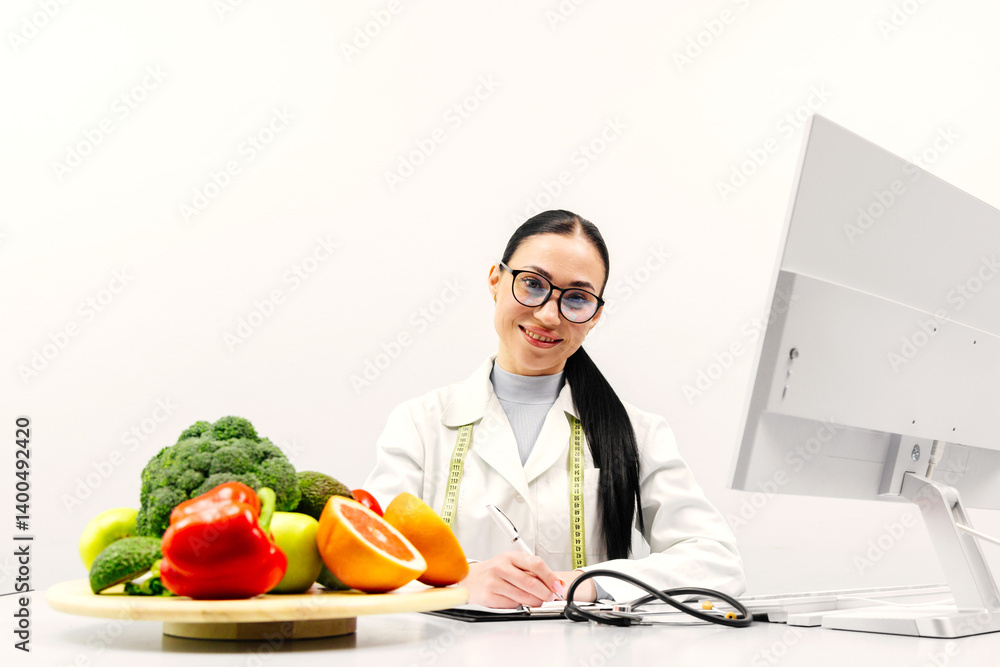 Female nutritionist working in a modern clinic on a light background at a computer near fresh vegetables and fruits and looking at the camera. Concept of healthy eating, vegetarianism and weight loss. Female nutritionist working in a modern clinic on a light background at a computer near fresh vegetables and fruits and looking at the camera. Concept of healthy eating, vegetarianism and weight loss.