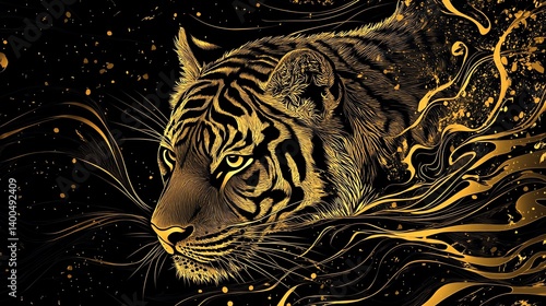 Majestic tiger with golden accents in motion.
