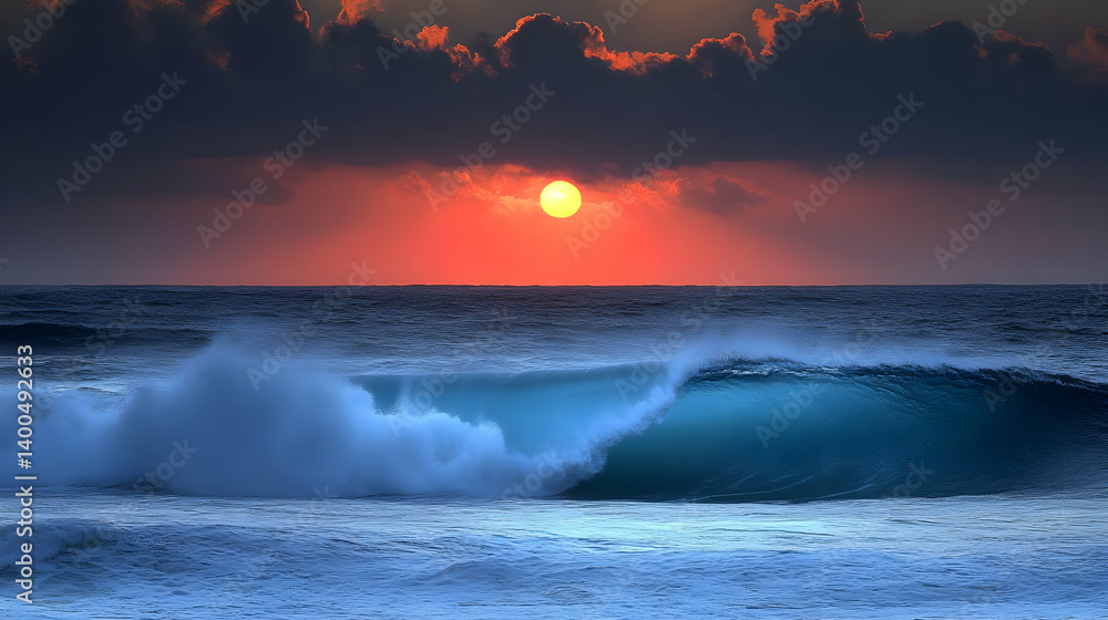 Obraz premium Dramatic Seascape View with Blue Wave Splashing at Twilight as the Sun Sets over the Horizon Featuring Intense Golden and Orange Hues