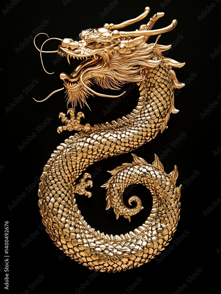 Fototapeta premium Majestic dragon sculpture in golden color.