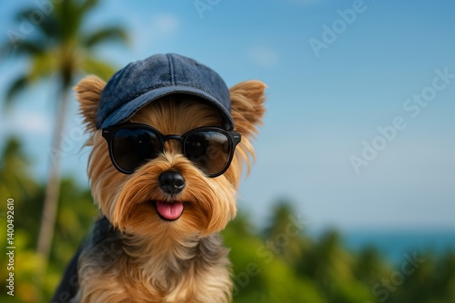 Dog in Sunglasses and Cap Enjoying a Sunny Day at a Tropical Location