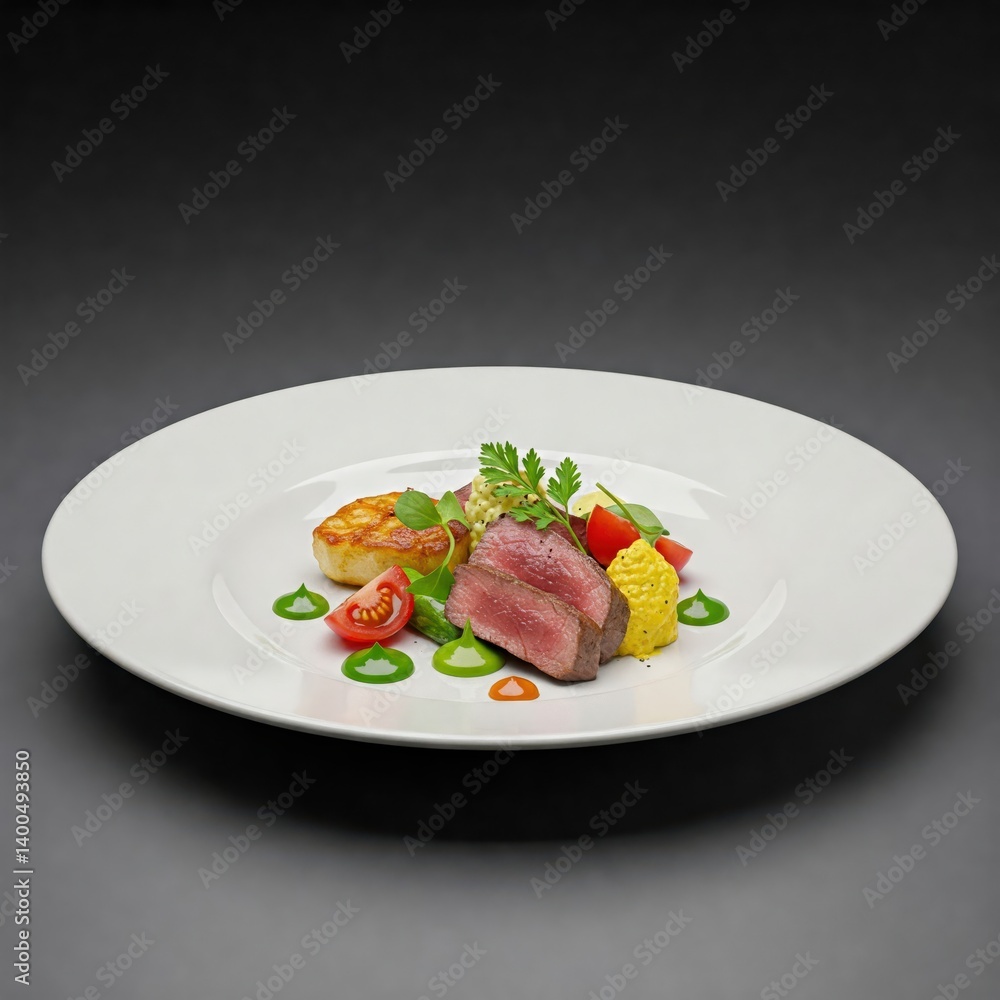Delicious plate of gourmet food served on elegant table with beautiful presentation and colors Delicious plate of gourmet food served on elegant table with beautiful presentation and colors
