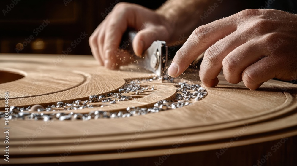 Obraz premium Carpenter cutting wood for a custom cabinet. Featuring craftsmanship and precision