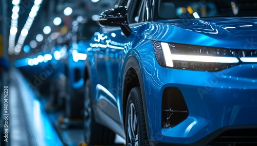 Modern electric car on assembly line.  Automated vehicle production in a brightly lit factory