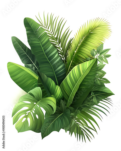 illustrations of various trees, leaves, grasses, and botanical elements on white background.