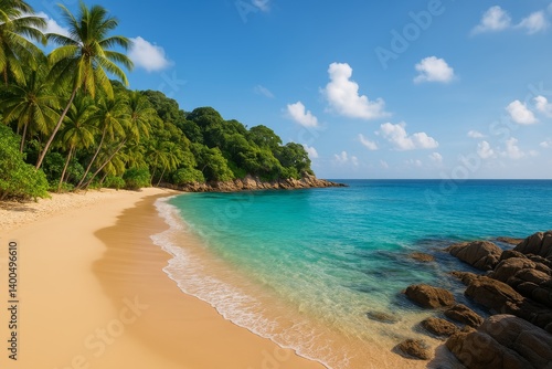 Beautiful Tropical Beach With Palm Trees Under a Clear Blue Sky During Daytime