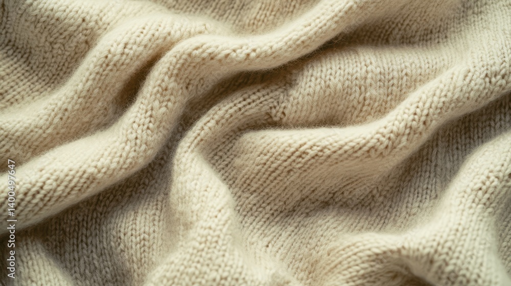 Indulging in the warmth of a soft knitted beige sweater, its intricate yarn texture inviting comfort and coziness in a tranquil setting Indulging in the warmth of a soft knitted beige sweater, its intricate yarn texture inviting comfort and coziness in a tranquil setting