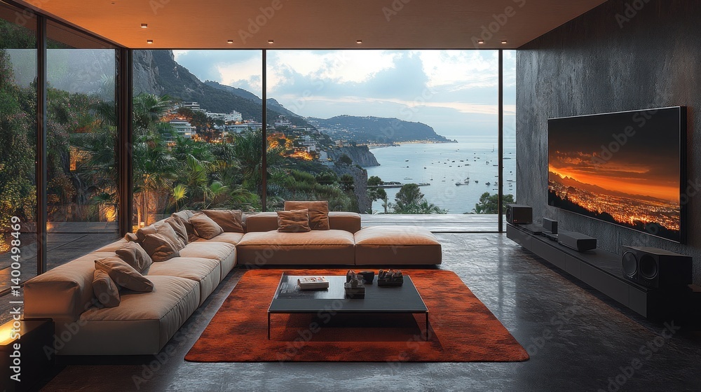 Fototapeta premium Luxury Coastal Living Room with Panoramic Ocean View and Home Theater