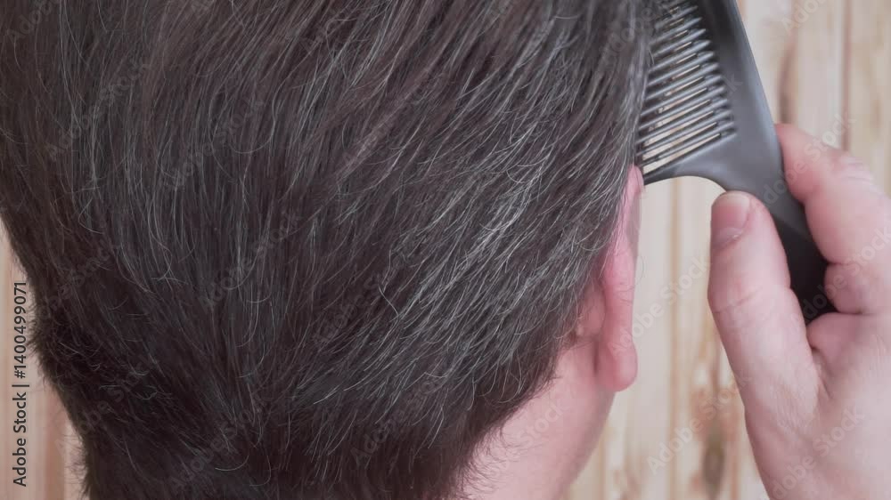 Grey hair in a man. Close-up of an adult male head with hair starting to turn grey. First signs of grey hair in a man. A man brushing and styling grey hair. Rear view of mans head. Beauty concept Grey hair in a man. Close-up of an adult male head with hair starting to turn grey. First signs of grey hair in a man. A man brushing and styling grey hair. Rear view of mans head. Beauty concept