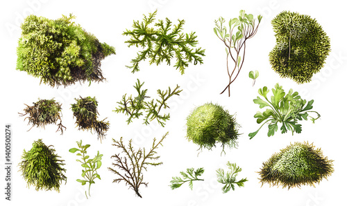 illustrations of various trees, leaves, grasses, and botanical elements on white background.