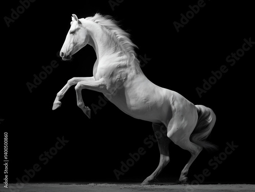 A powerful white horse captured mid-leap against a black background, symbolizing strength, grace, and freedom in a dramatic studio setting.