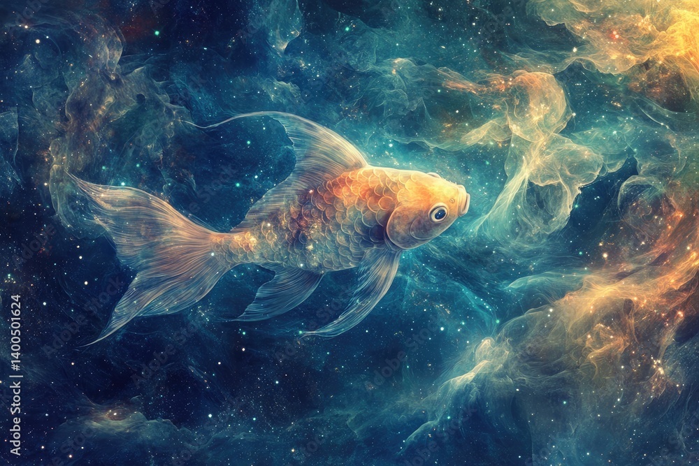 Mystical Pisces fish swimming in a sea of glowing nebulae and astral waves Mystical Pisces fish swimming in a sea of glowing nebulae and astral waves
