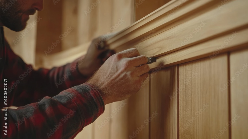Obraz premium Carpenter installing wooden trim along a wall. Featuring detail and finishing