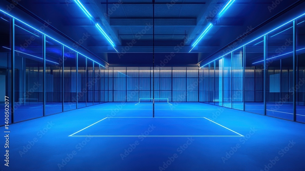 Fototapeta premium Illuminated indoor padel court featuring sleek design and modern aesthetics in a professional sports facility