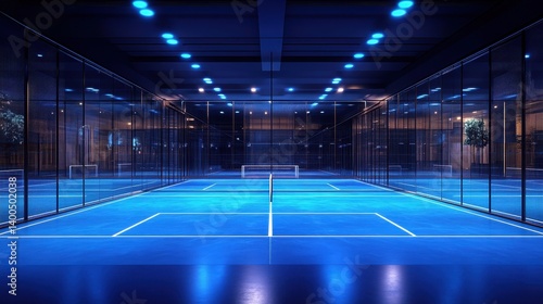 Illuminated indoor padel court showcasing modern design and vibrant blue lighting in a professional sports facility
