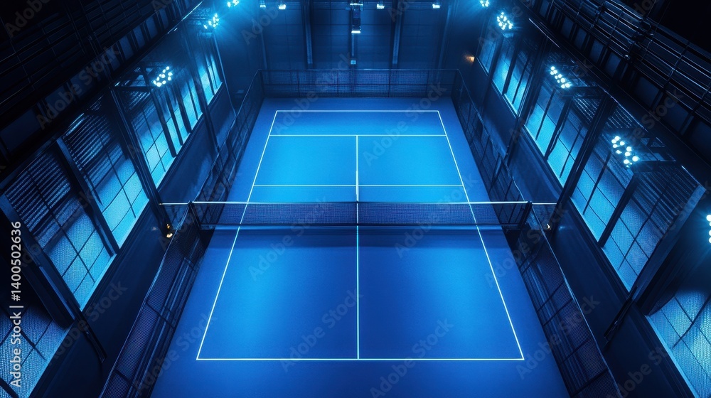 Obraz premium Spotless indoor padel court bathed in bright blue lighting with a stunning geometric layout and symmetrical design, showcasing professional-grade quality from an aerial perspective