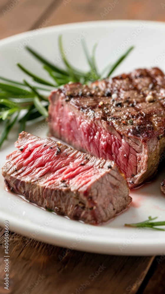 Perfectly cooked medium-rare beef steak plated with fresh herbs on a rustic wooden table Perfectly cooked medium-rare beef steak plated with fresh herbs on a rustic wooden table