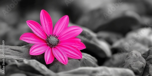 A striking pink flower stands out elegantly against a monochrome backdrop, symbolizing beauty and life.