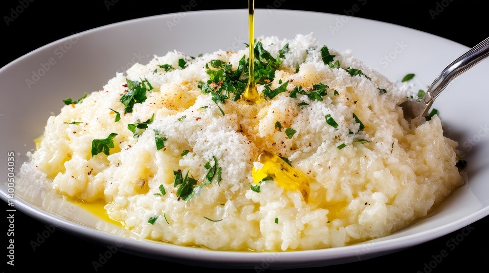 A dish of creamy risotto with grains of rice, herbs, and a drizzle of olive oil appears to hover mid-fall against a warm kitchen glow, inviting attention