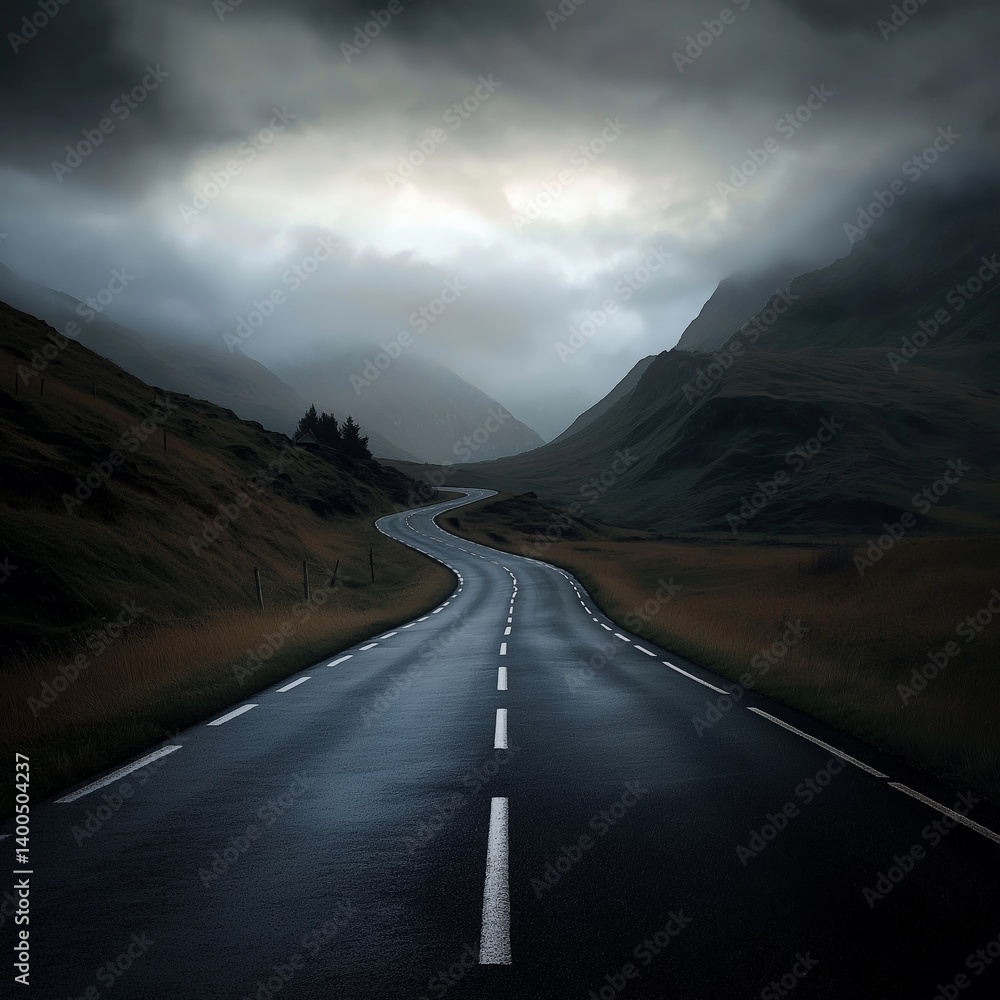 A winding road leads through a moody and misty mountain range.