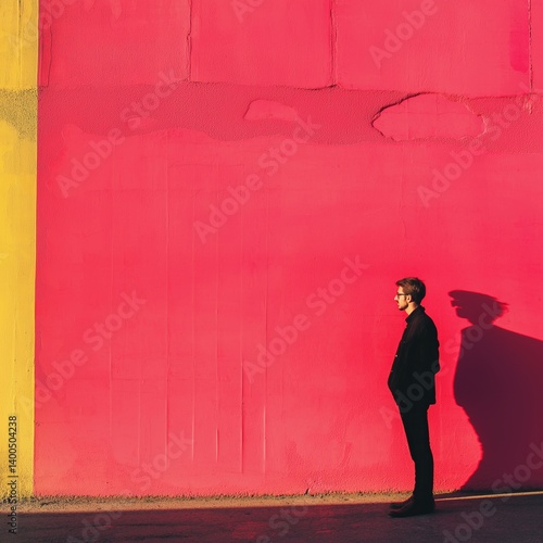 A lone figure stands in contrast to a vivid pink and yellow wall.