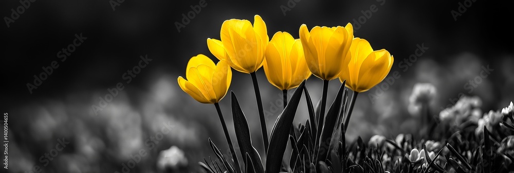 A vibrant cluster of yellow tulips contrasts a muted background, symbolizing hope and beauty in nature.
