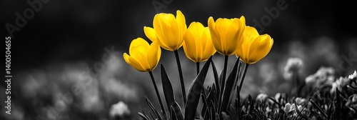 Obraz na płótnie A vibrant cluster of yellow tulips contrasts a muted background, symbolizing hope and beauty in nature. w salonie